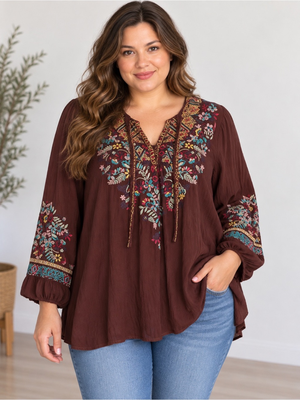 Johnny Was Sheeosh Embroidered V-Neck Peasant Blouse 2X Maroon Brown EUC